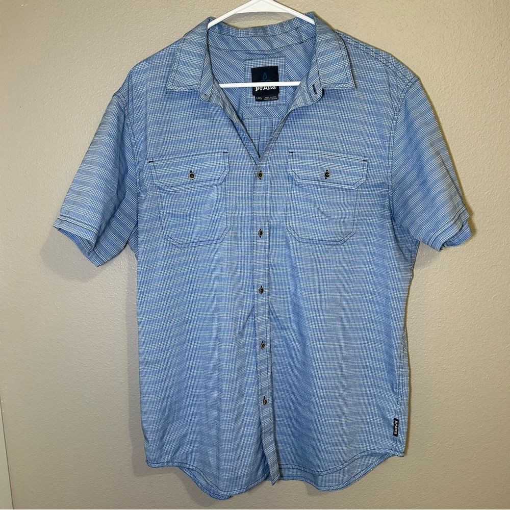 prAna Cayman Blue Short Sleeve Button Down Outdoor Shirt Pockets Mens Size Large